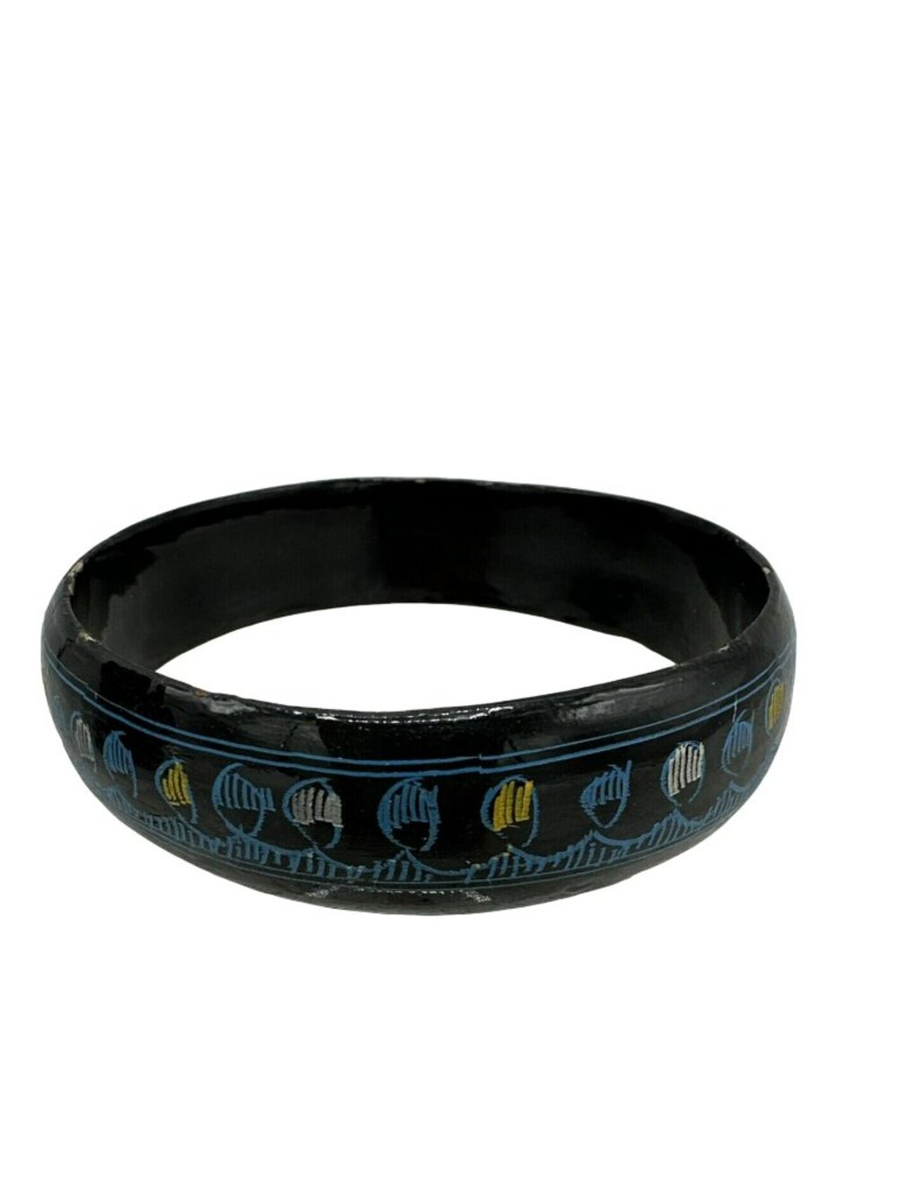 Wooden Bangle Bracelet Black Etched Painted Boho Tribal Blue Yellow Artsy